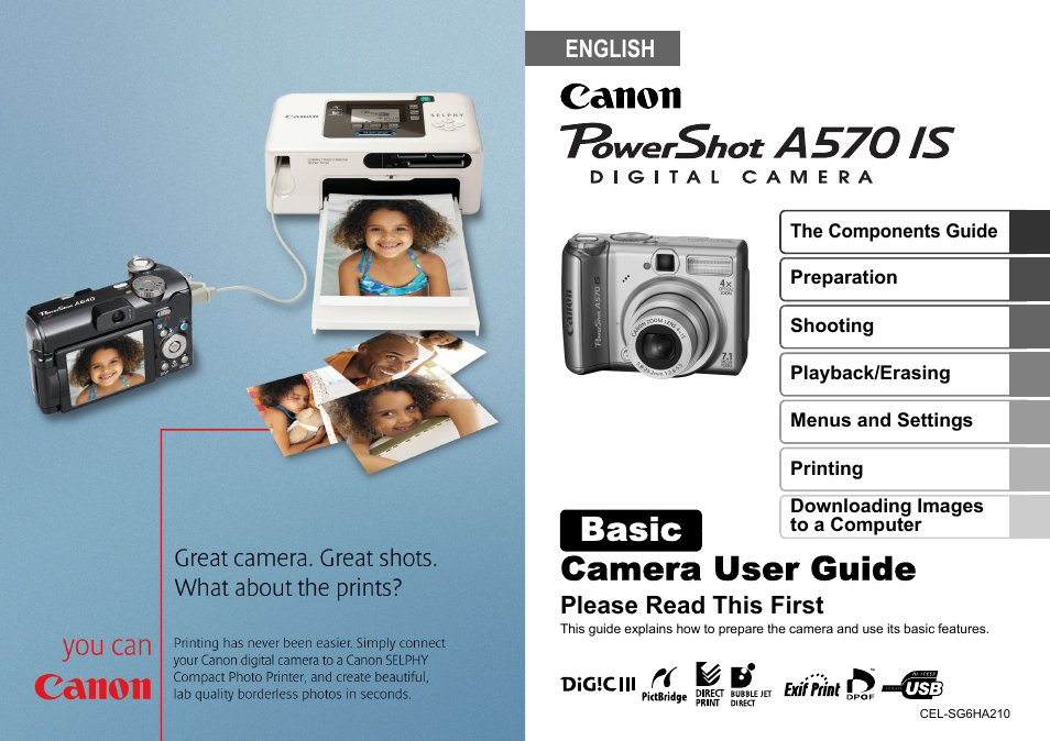 Basic, Camera user guide, English | Please read this first | Canon A570 IS User Manual | Page 36 / 36