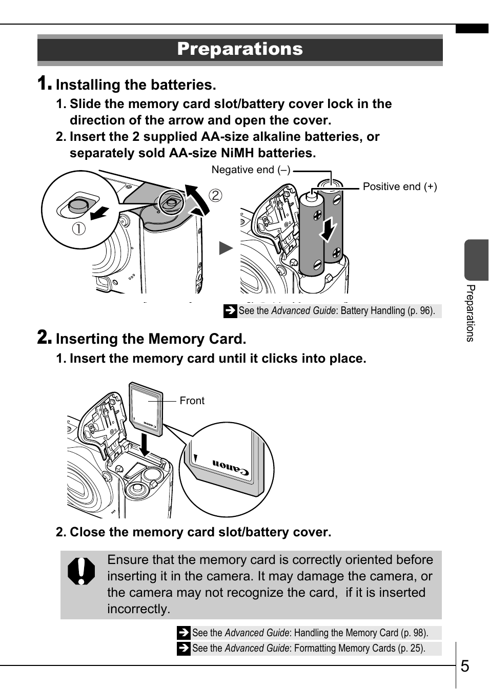 Preparations, Lock, P. 5) | Installing the batteries | Canon A570 IS User Manual | Page 7 / 36