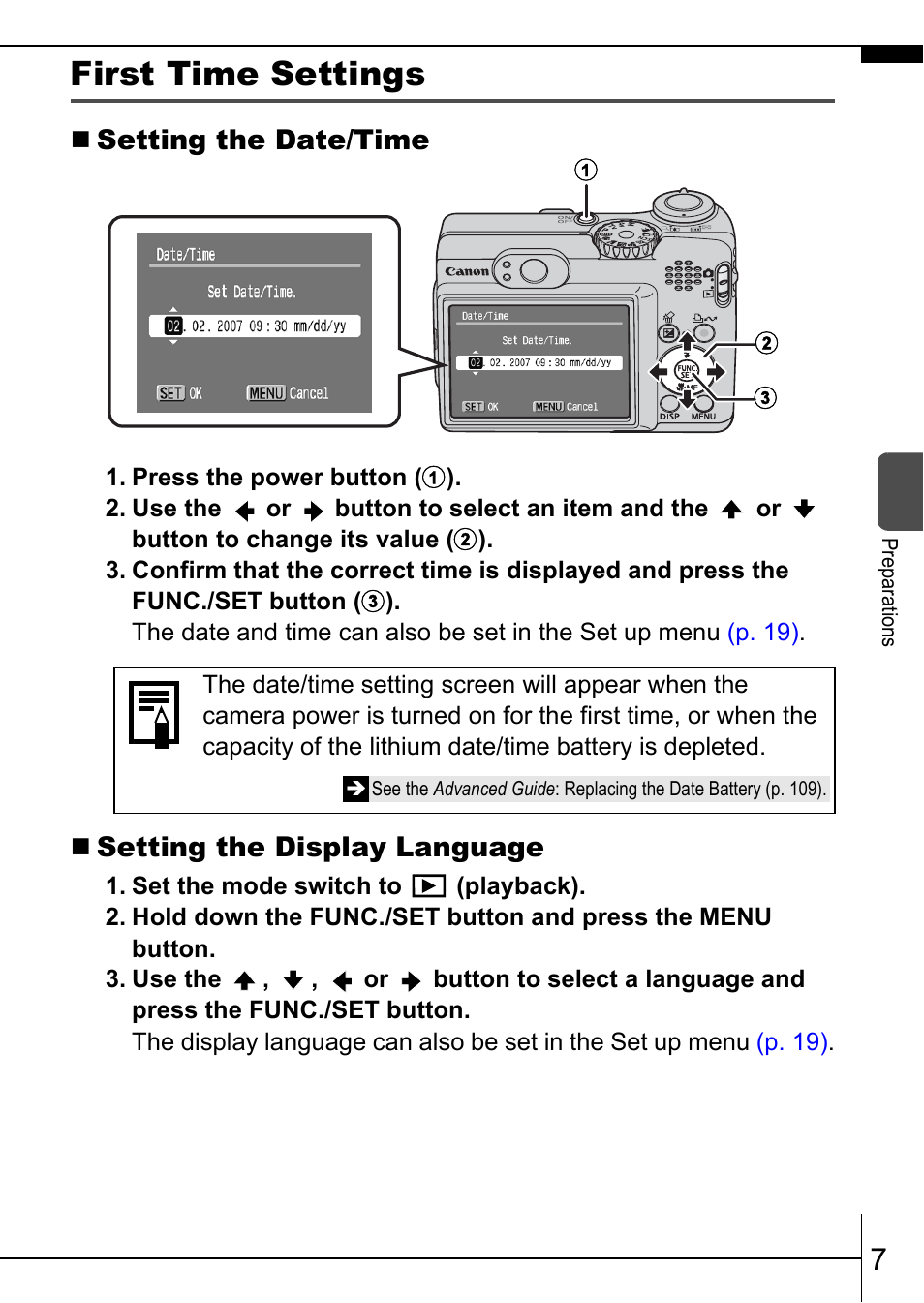 First time settings | Canon A570 IS User Manual | Page 9 / 36