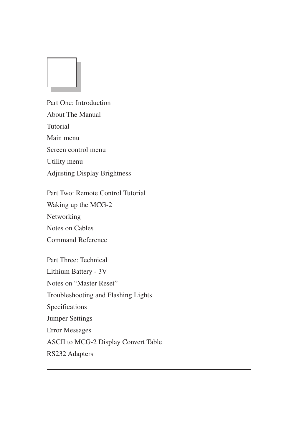 Mcg-2 micro character generator table of contents | Burst Electronics MCG-2 User Manual | Page 2 / 61