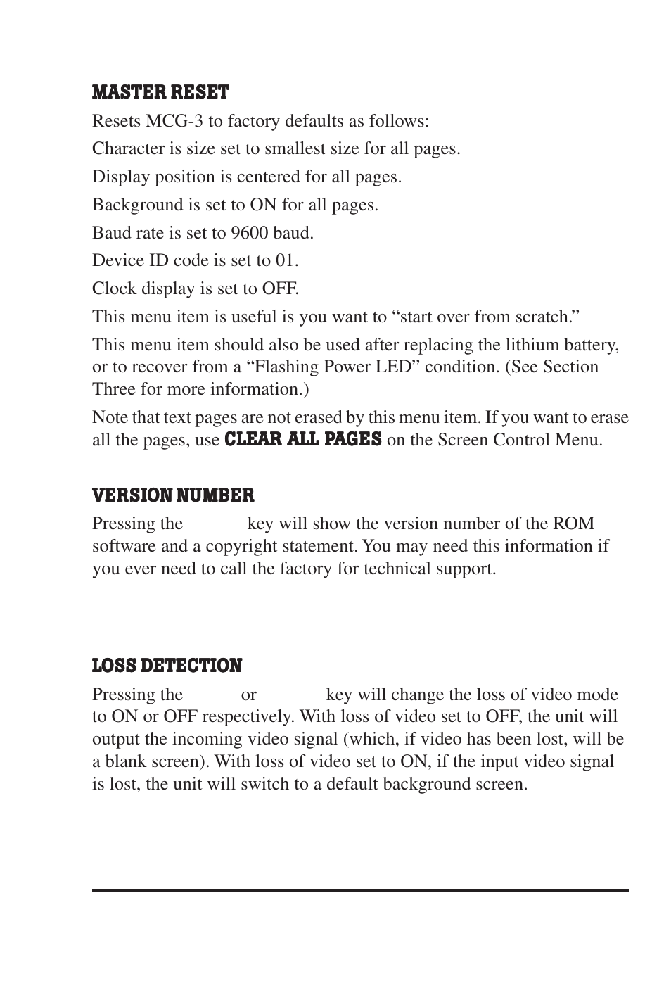 Loss of video menu | Burst Electronics MCG-3 User Manual | Page 10 / 71