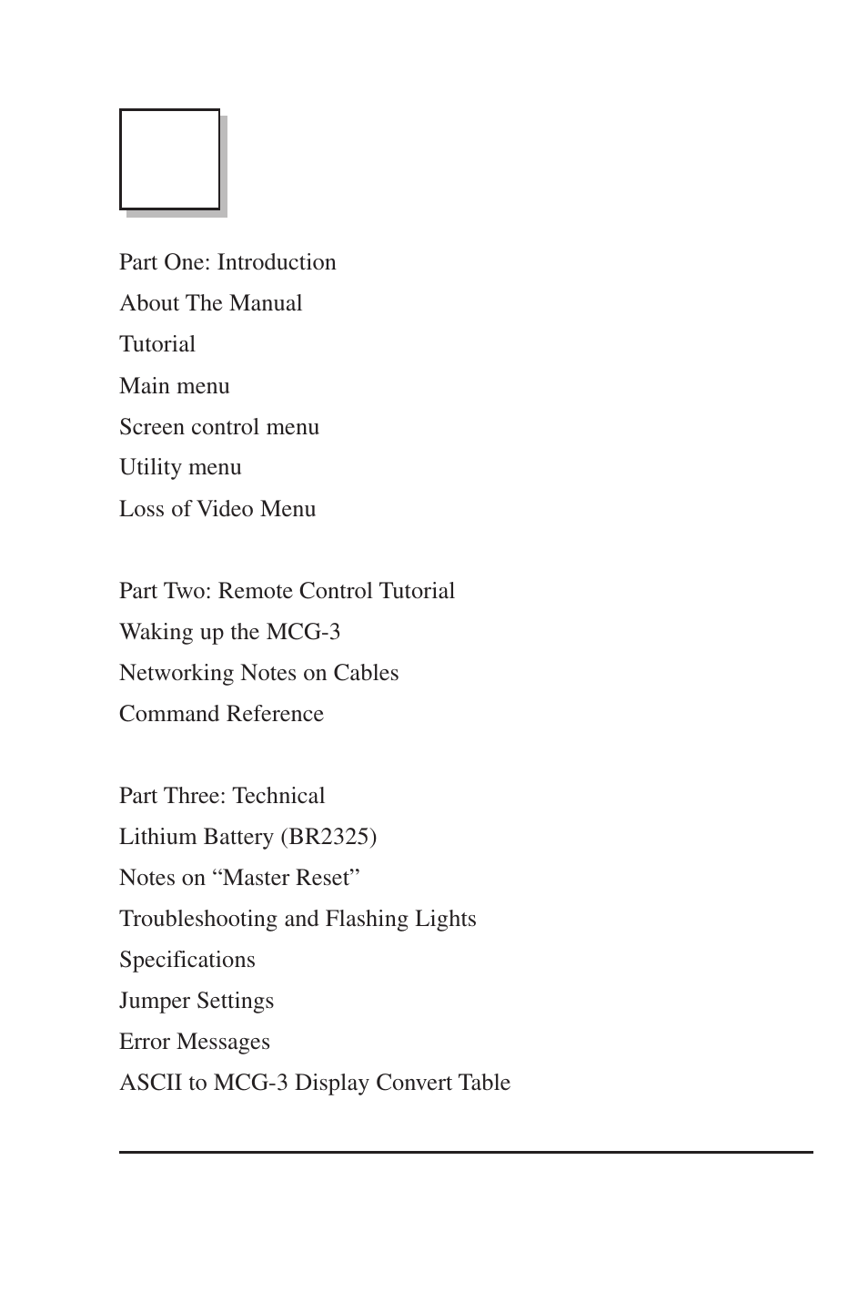 Color micro character generator table of contents | Burst Electronics MCG-3 User Manual | Page 2 / 71