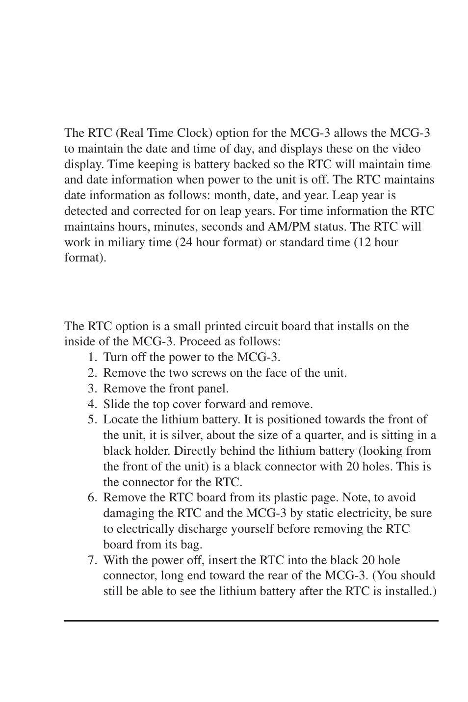 Rtc addendum for mcg-3 introduction, Installation | Burst Electronics MCG-3 User Manual | Page 60 / 71
