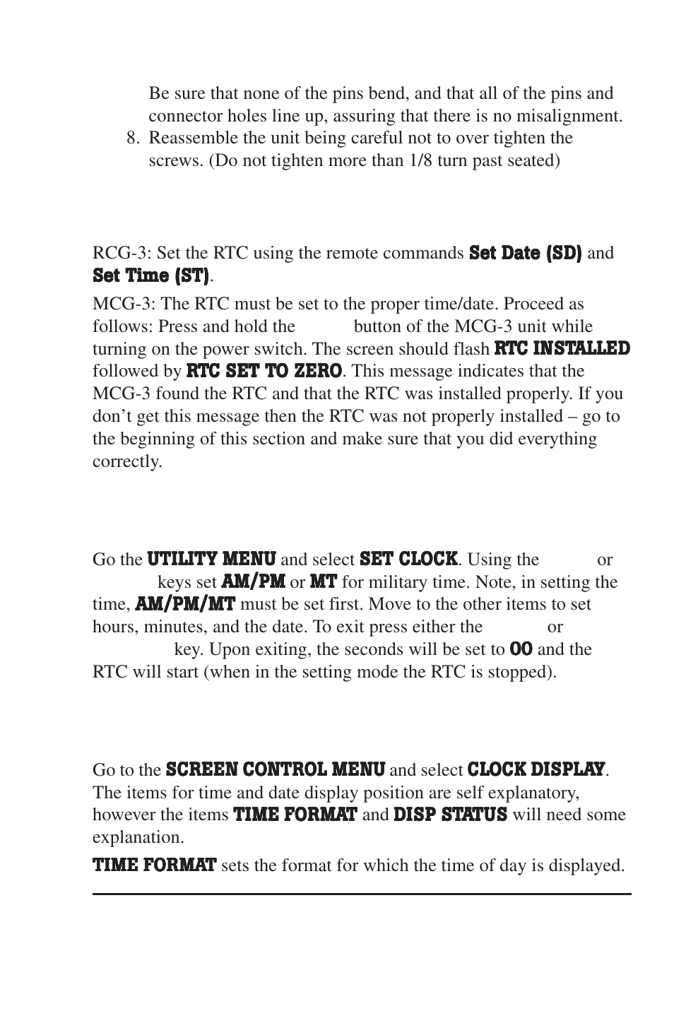 Setting the rtc (real time clock), Setting the time and date, Turning on the time and date display | Burst Electronics MCG-3 User Manual | Page 61 / 71