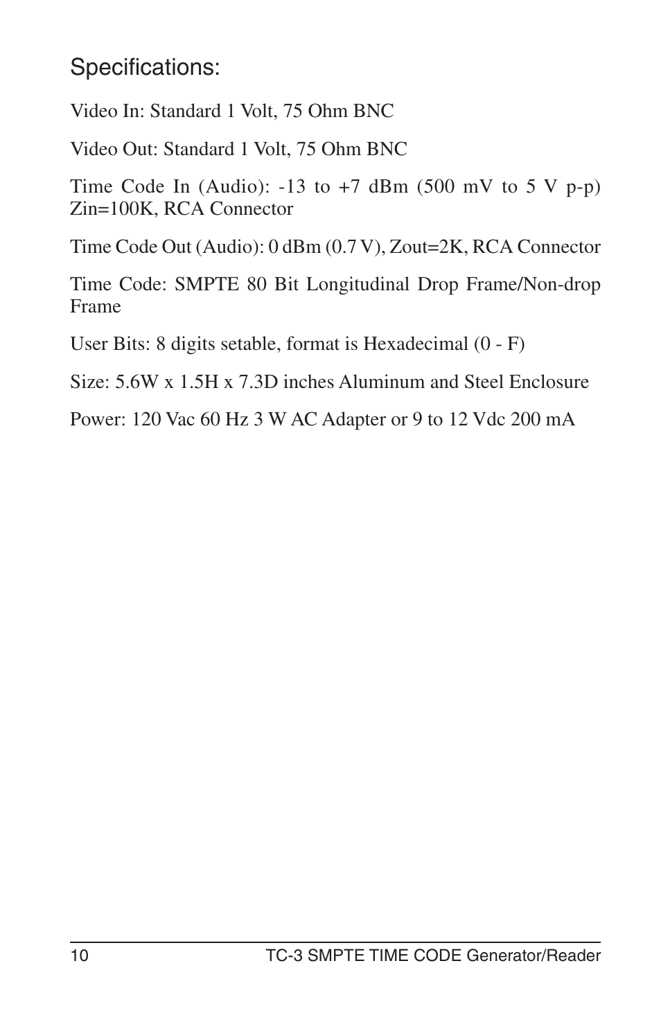 Specifications | Burst Electronics TC-3 User Manual | Page 11 / 13