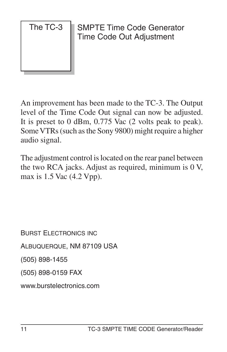 Smpte time code generator time code out adjustment | Burst Electronics TC-3 User Manual | Page 12 / 13