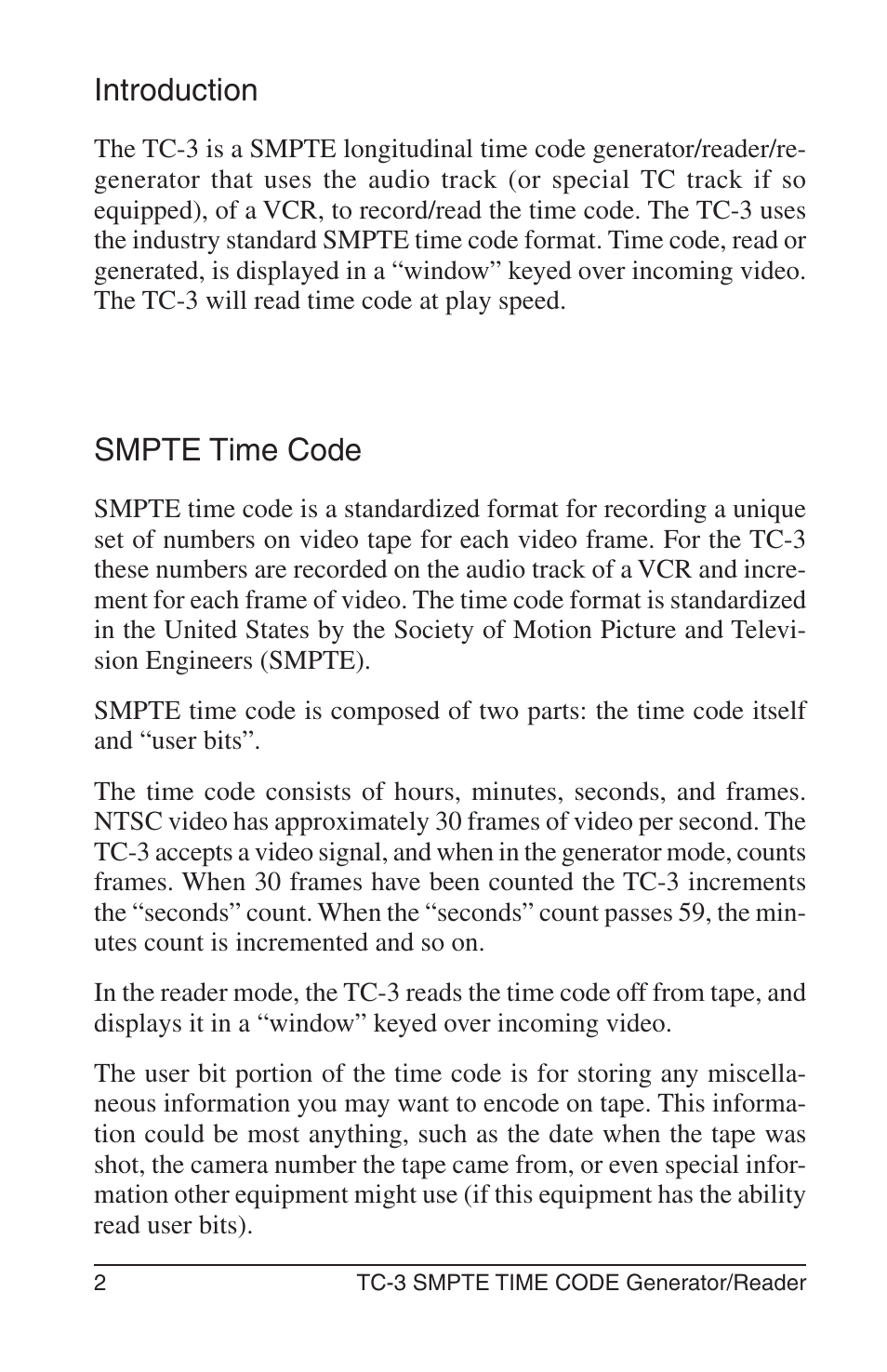 Introduction, Smpte time code | Burst Electronics TC-3 User Manual | Page 3 / 13