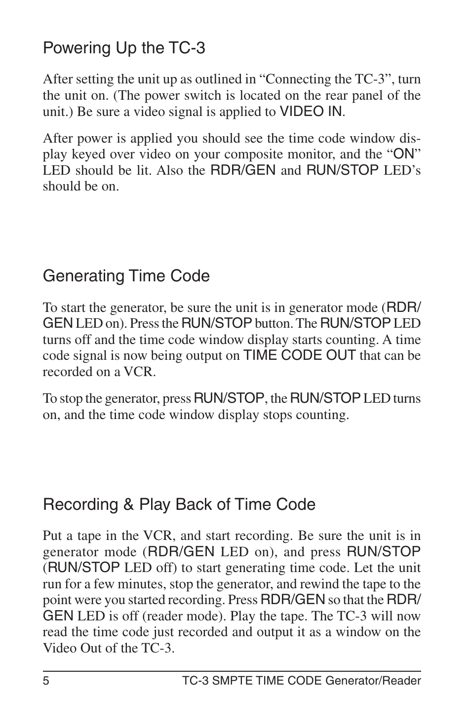 Powering up the tc-3, Generating time code, Recording & play back of time code | Burst Electronics TC-3 User Manual | Page 6 / 13