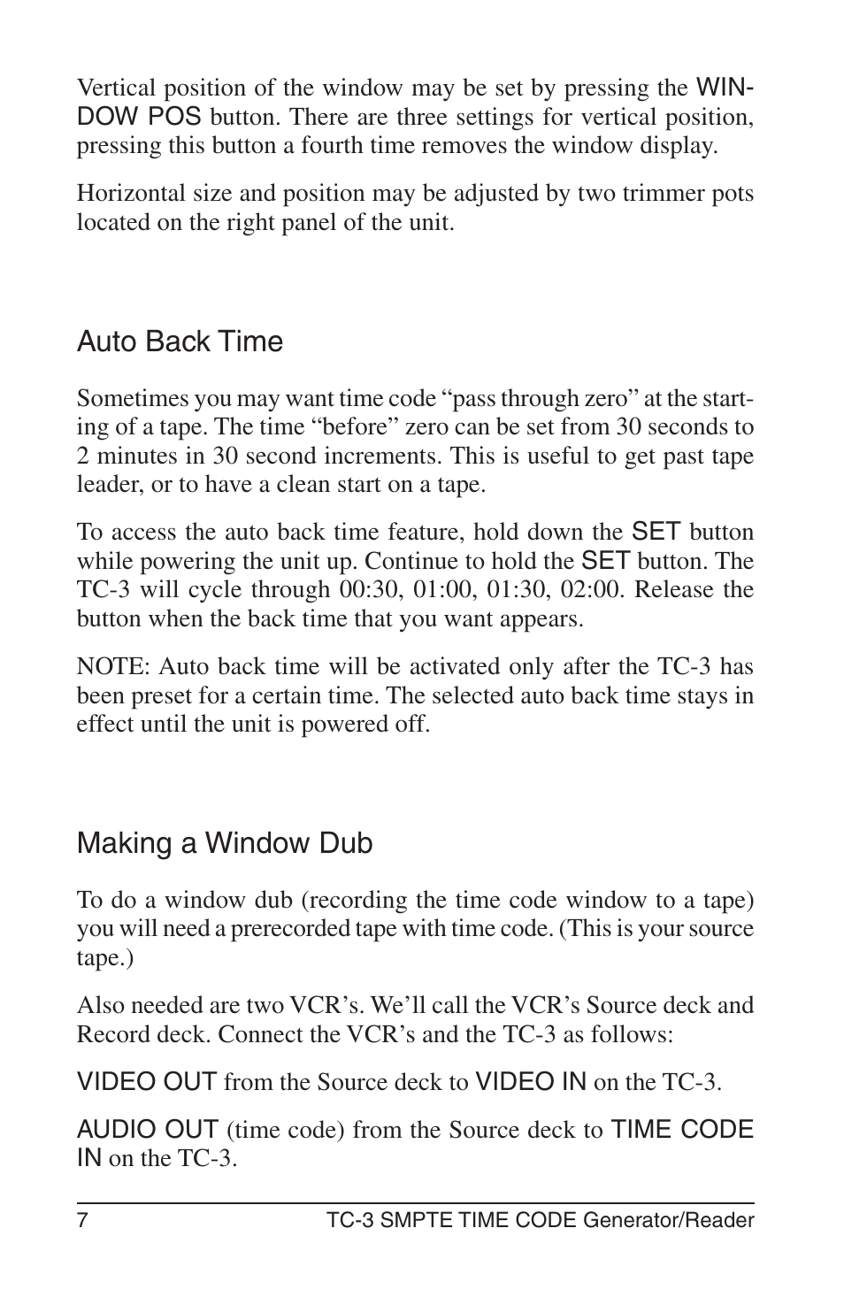 Auto back time, Making a window dub | Burst Electronics TC-3 User Manual | Page 8 / 13