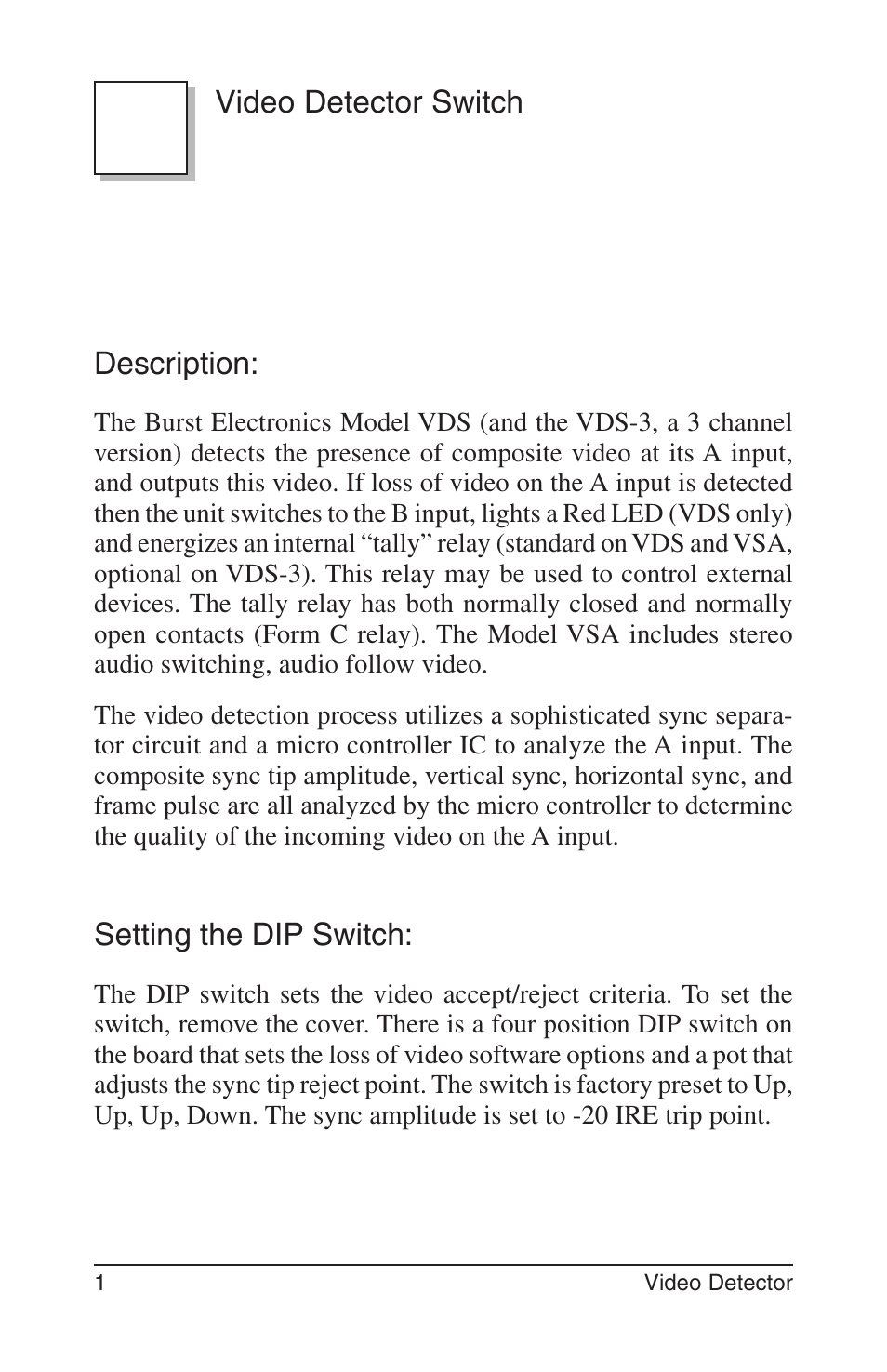 Video detector switch description, Setting the dip switch | Burst Electronics VDS-3 User Manual | Page 2 / 6