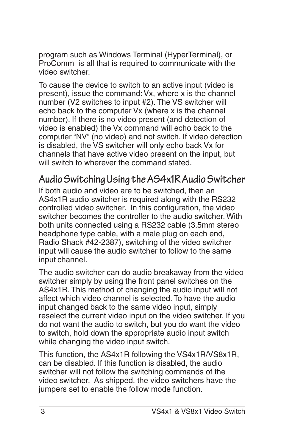 Audio switching using the as4x1r audio switcher | Burst Electronics VS4x1(R) User Manual | Page 5 / 12