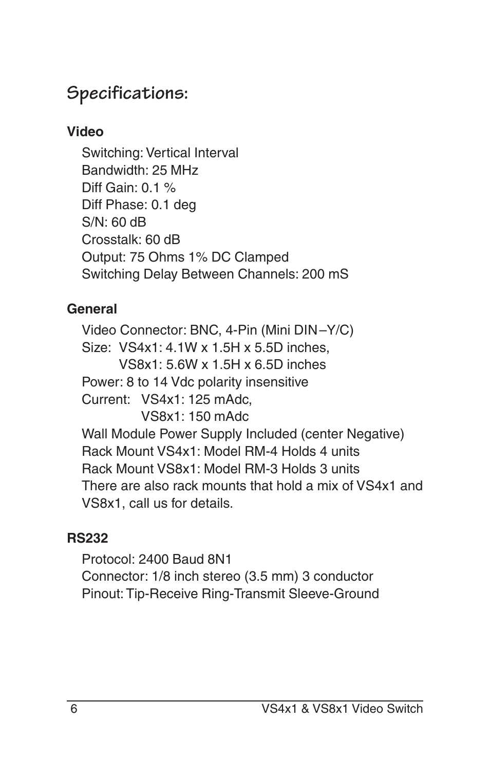 Specifications | Burst Electronics VS4x1(R) User Manual | Page 8 / 12