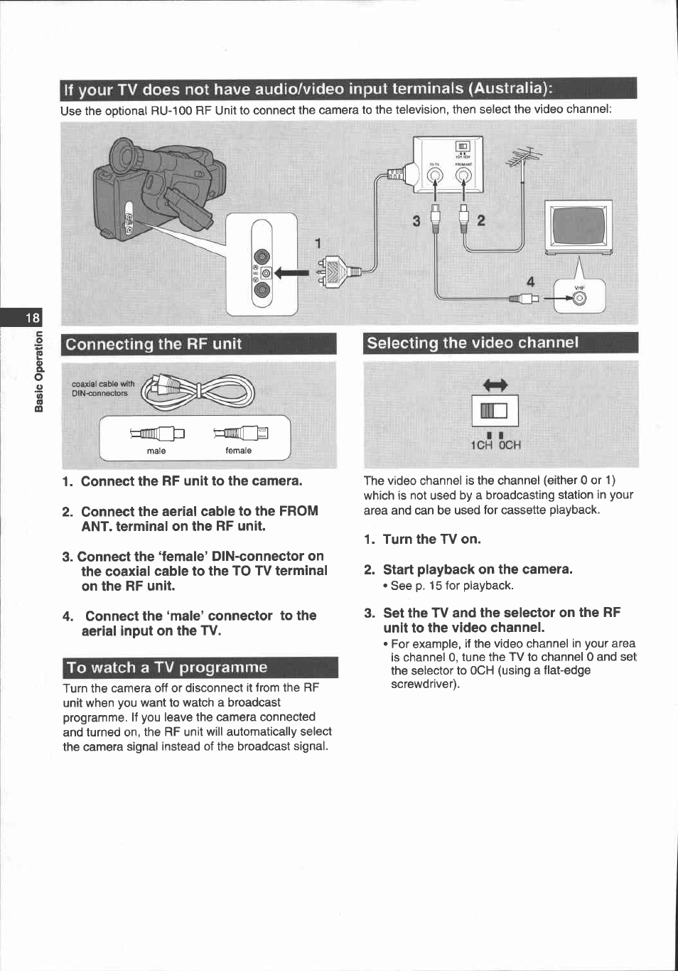 Connect the rf unit to the camera, Turn the tv on, Start playback on the camera | Set the g/l selector on the rf unit, Connecting the rf unit, Selecting the video channel | Canon E 700 User Manual | Page 20 / 47