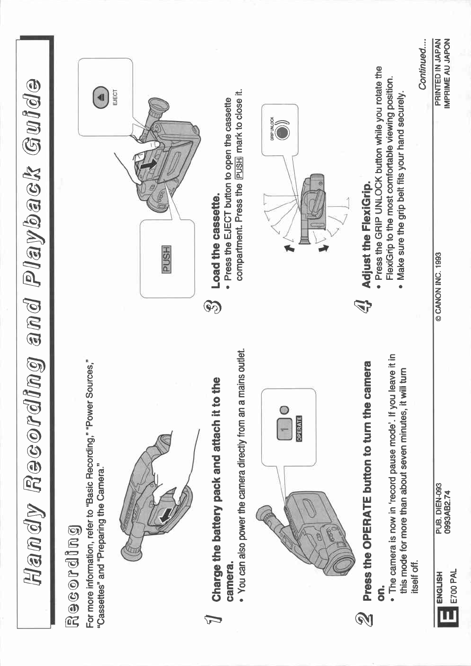 Press the operate button to turn the camera on, Adjust the flexigrip, Liiid? iplìsìf!b^®!k (©3 | Canon E 700 User Manual | Page 3 / 47