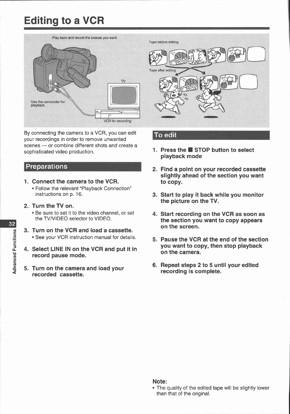 Check and edit functions, Make sure the camera is in record pause mode, Press the e. erase button | Note, Record search, Record review, Edit-erase | Canon E 700 User Manual | Page 34 / 47