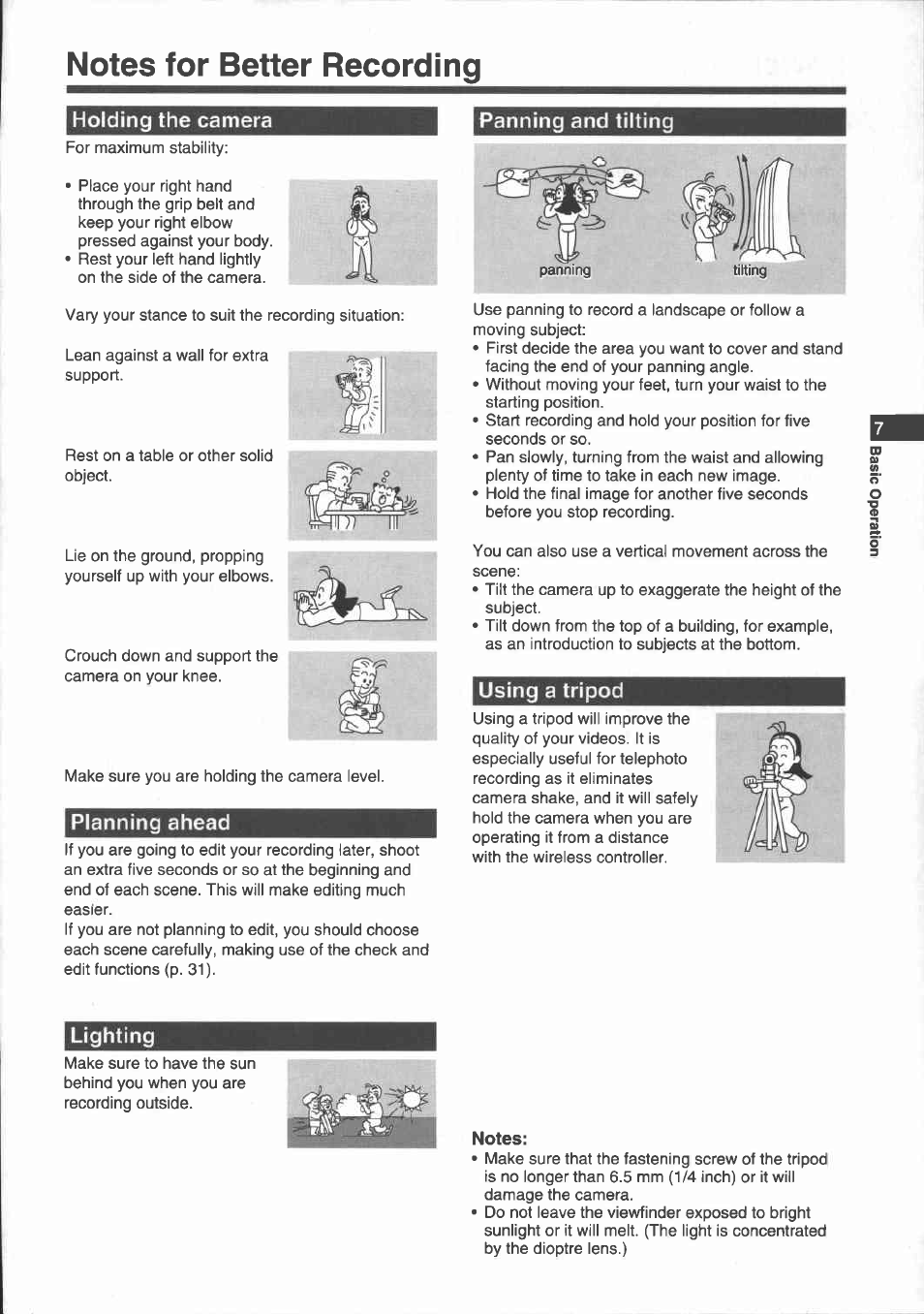 Basic recording, Press the operate button to turn the camera on, Press the start/stop button to begin recording | Note, When you have finished recording | Canon E 700 User Manual | Page 9 / 47