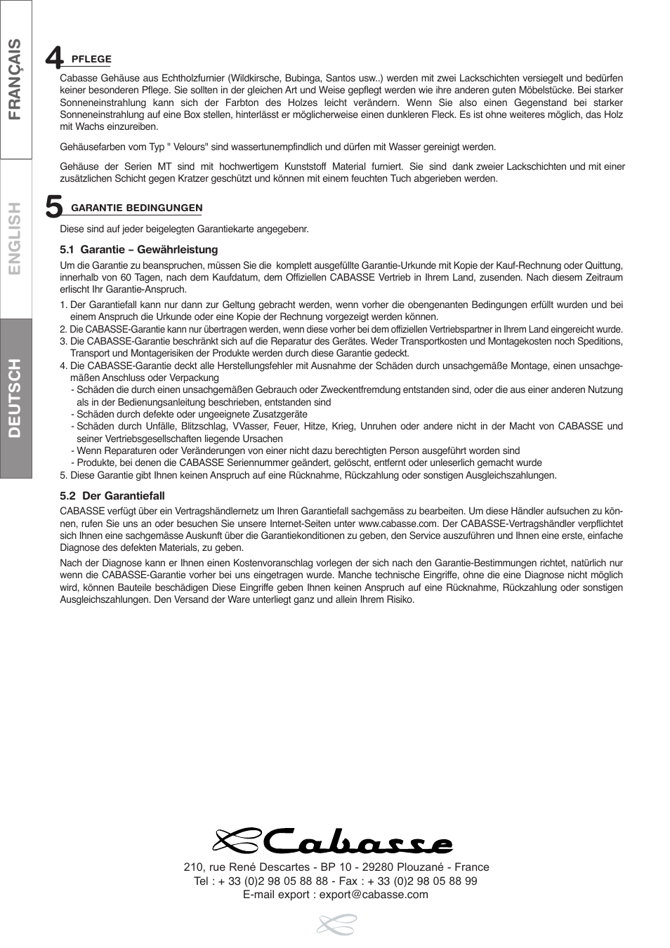 Français english deutsch | Cabasse LOUDSPEAKERS User Manual | Page 12 / 12