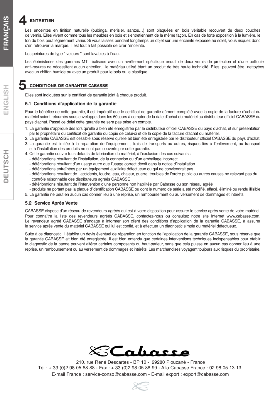 Français english deutsch | Cabasse LOUDSPEAKERS User Manual | Page 4 / 12