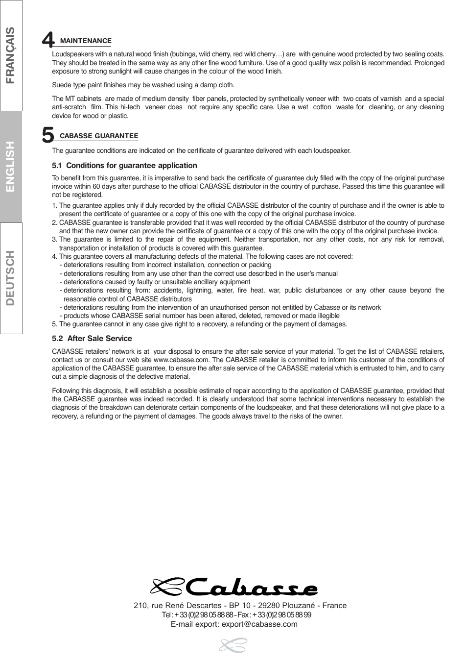Français english deutsch | Cabasse LOUDSPEAKERS User Manual | Page 8 / 12