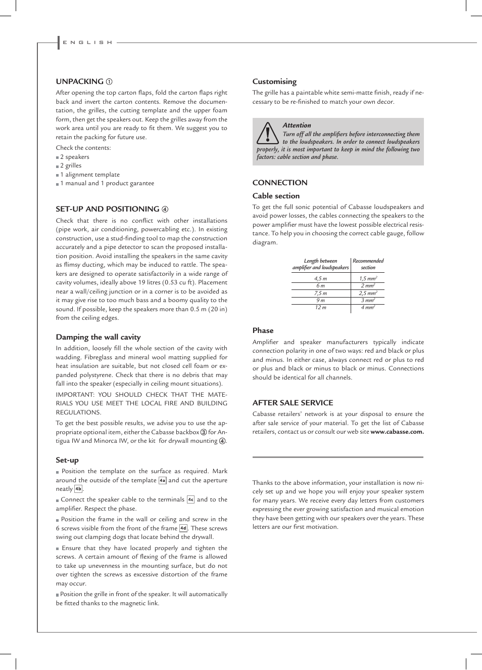 Unpacking, Set-up and positioning, Damping the wall cavity | Set-up, Customising, Phase, After sale service | Cabasse ANTIGUA IW User Manual | Page 10 / 16