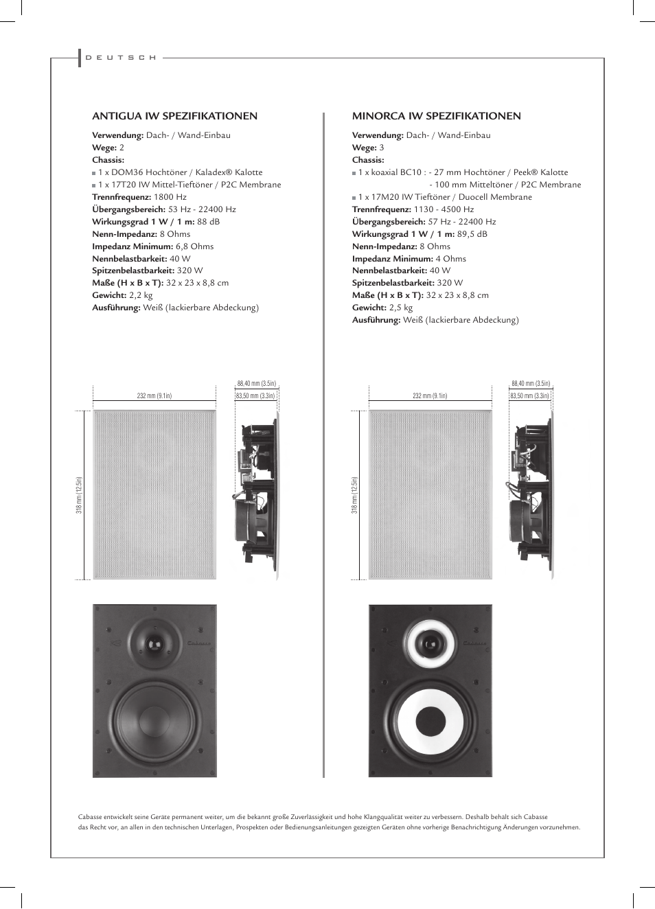 Antigua iw spezifikationen, Minorca iw spezifikationen | Cabasse ANTIGUA IW User Manual | Page 14 / 16