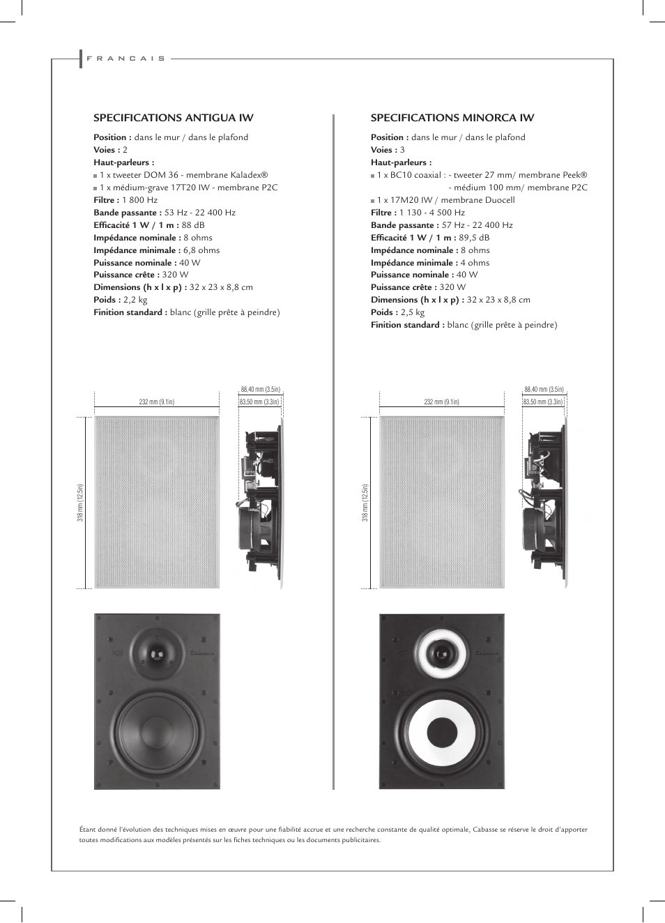 Specifications antigua iw, Specifications minorca iw | Cabasse ANTIGUA IW User Manual | Page 8 / 16