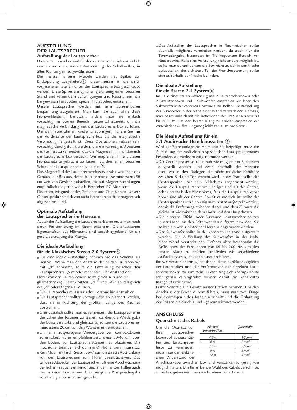 Optimale aufstellung der lautsprecher im hörraum, Die ideale aufstellung für ein stereo 2.1 system, Anschluss querschnitt des kabels | Cabasse MT32 User Manual | Page 13 / 16