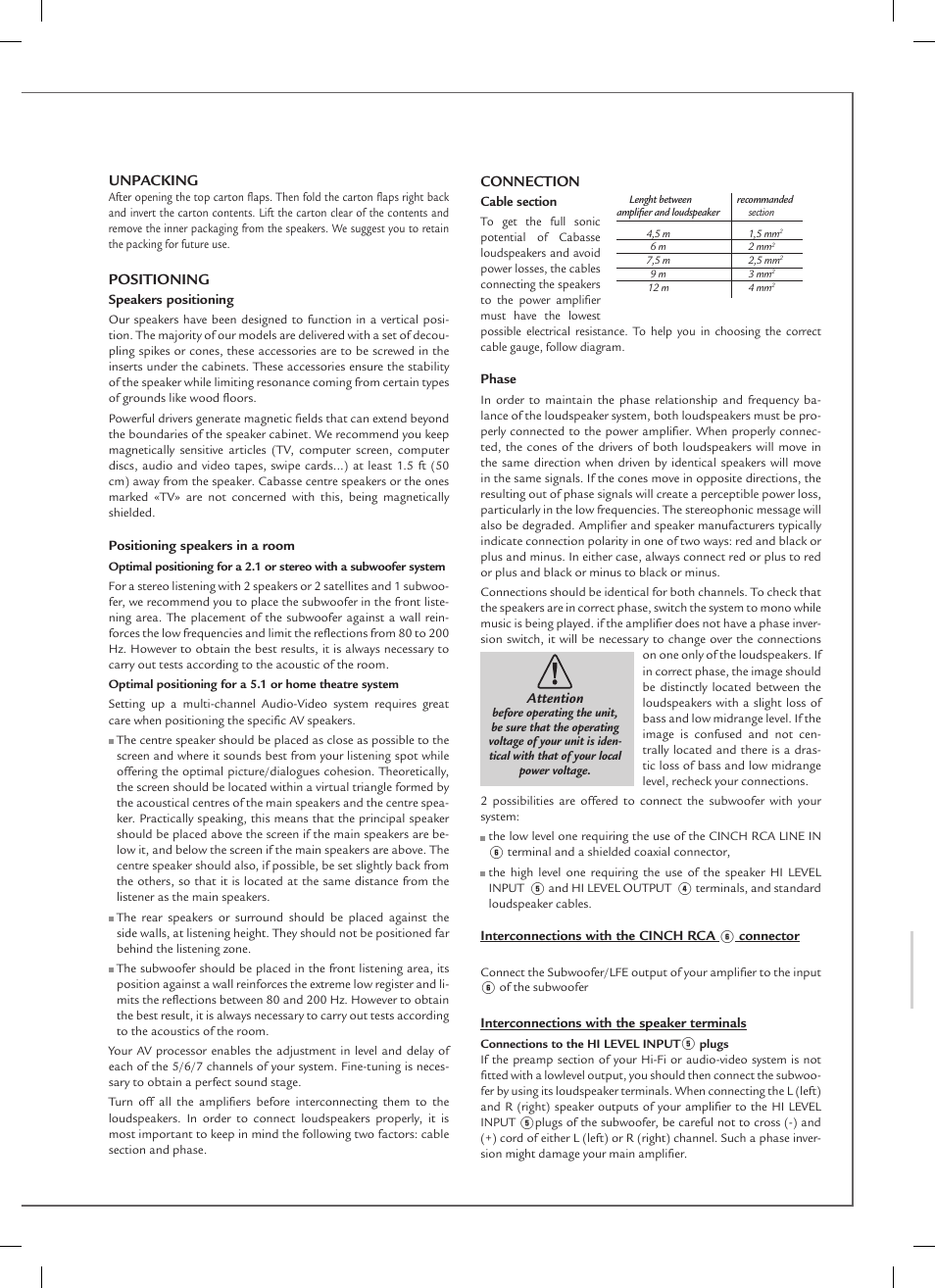 Connection, Unpacking, Positioning | Cabasse SANTORIN 21 M2 User Manual | Page 7 / 16