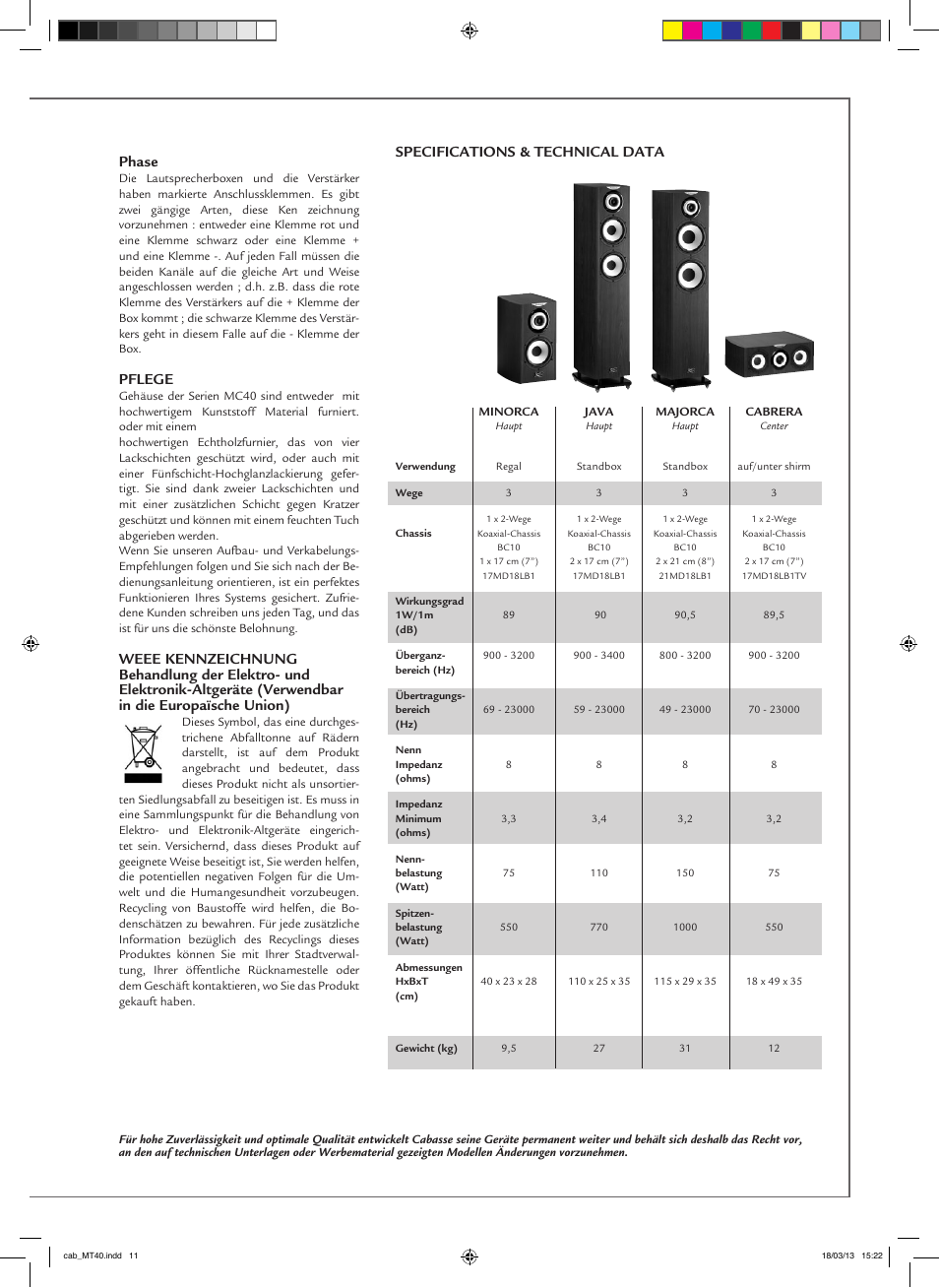 Phase, Pflege, Specifications & technical data | Cabasse MC40 User Manual | Page 11 / 12