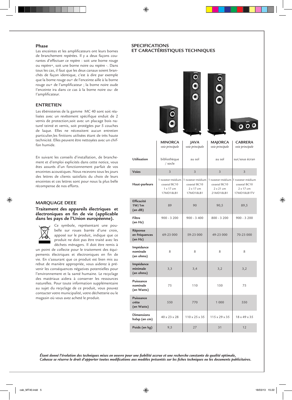 Phase, Entretien, Specifications et caractéristiques techniques | Cabasse MC40 User Manual | Page 5 / 12
