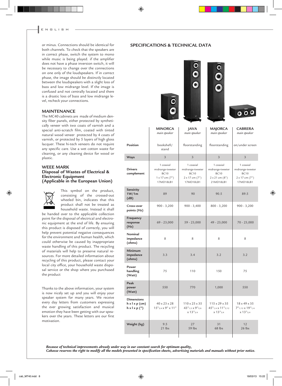 Maintenance, Specifications & technical data | Cabasse MC40 User Manual | Page 8 / 12