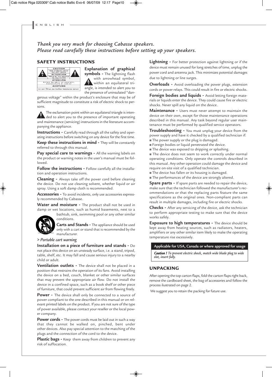 Safet y instructions, Unpacking | Cabasse Riga User Manual | Page 10 / 16