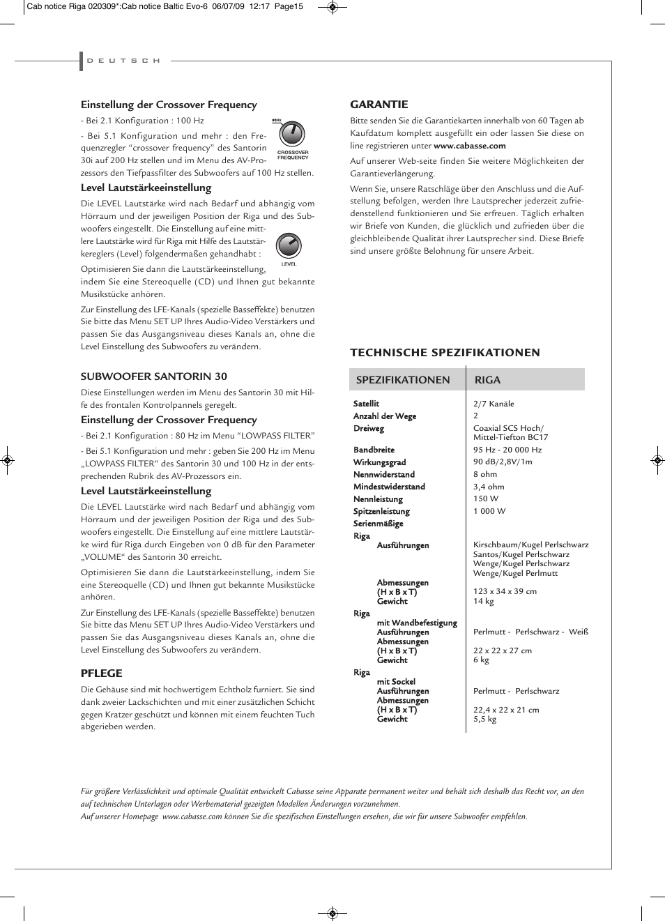 Pflege, Garantie, Technische spezifikationen | Cabasse Riga User Manual | Page 15 / 16