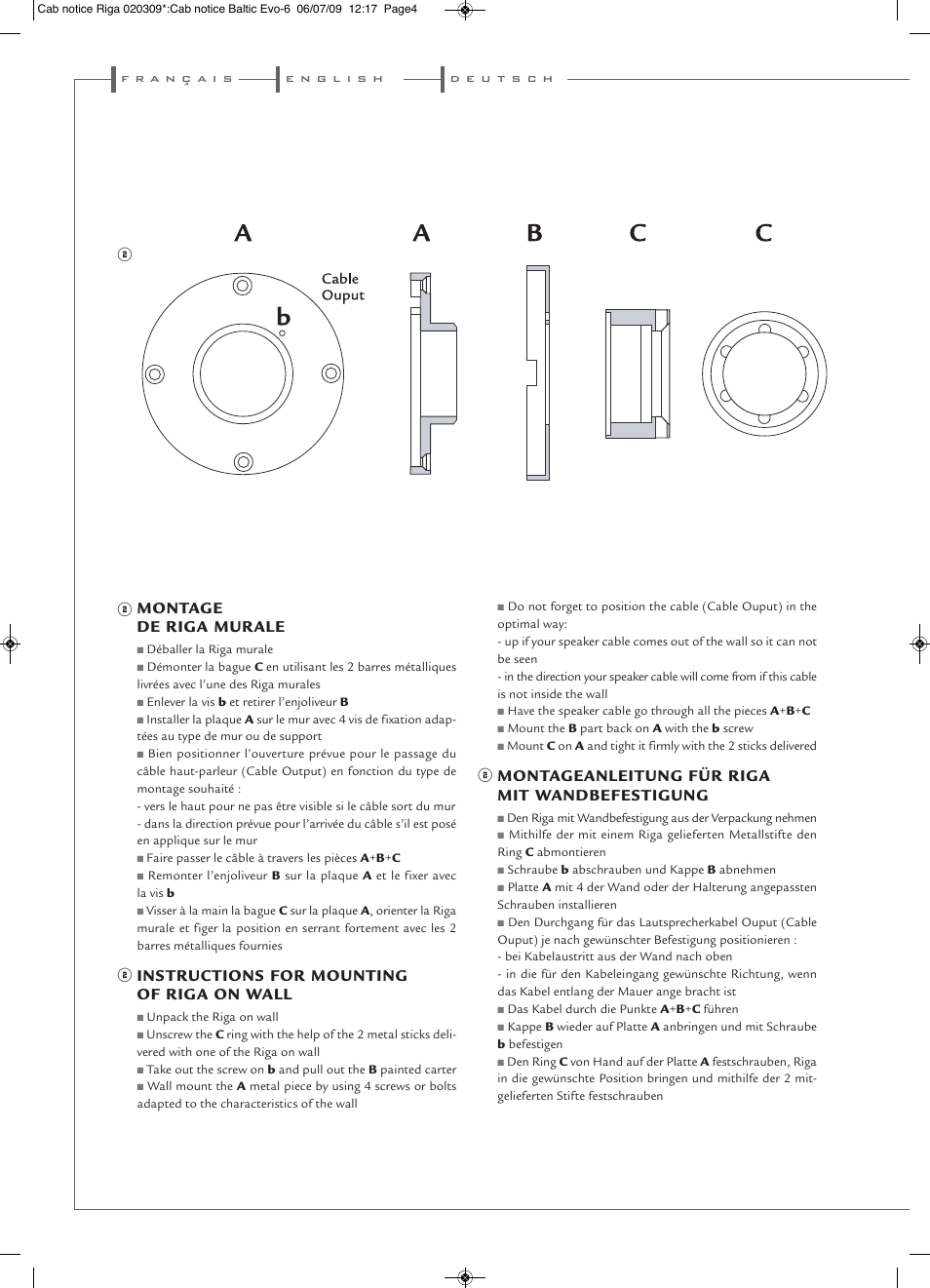 Montage de riga murale, Instructions for mounting of riga on wall, Montageanleitung für riga mit wandbefestigung | Cabasse Riga User Manual | Page 4 / 16