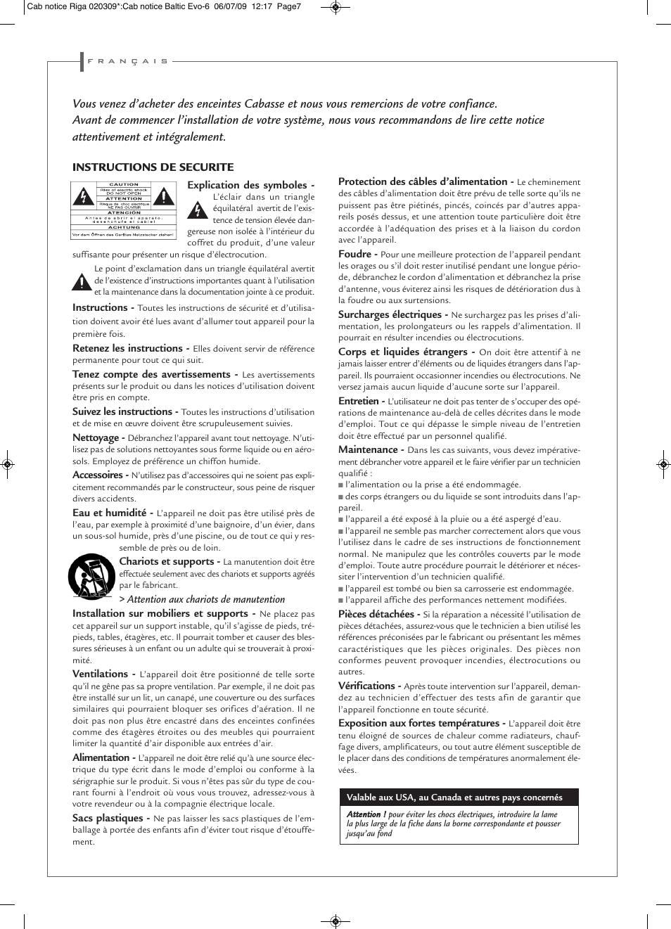 Instructions de securite | Cabasse Riga User Manual | Page 7 / 16