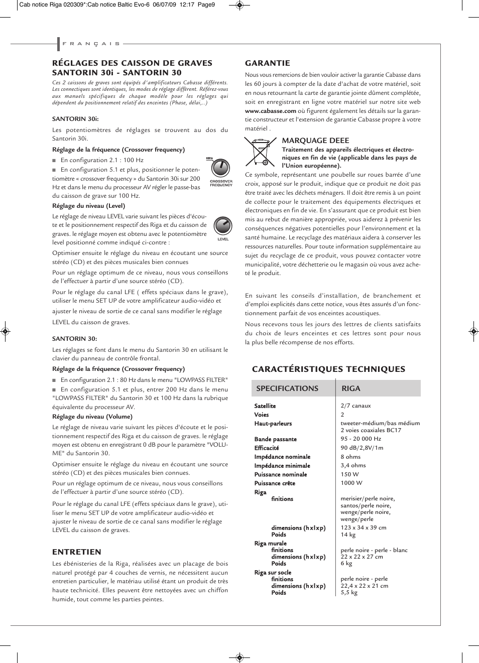 Entretien, Garantie, Caractéristiques techniques | Cabasse Riga User Manual | Page 9 / 16