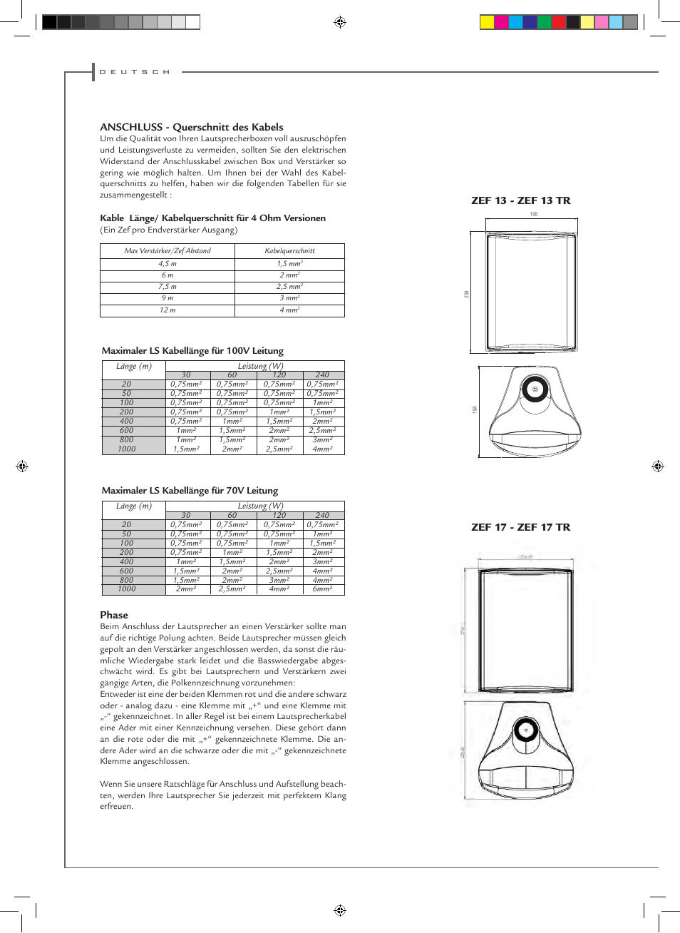 Anschluss - querschnitt des kabels, Phase | Cabasse ZEF 13 - ZEF 13 TR User Manual | Page 14 / 16