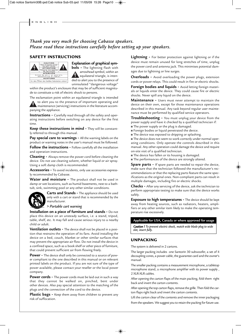 Safet y instructions, Unpacking | Cabasse SANTORIN 30 User Manual | Page 10 / 20