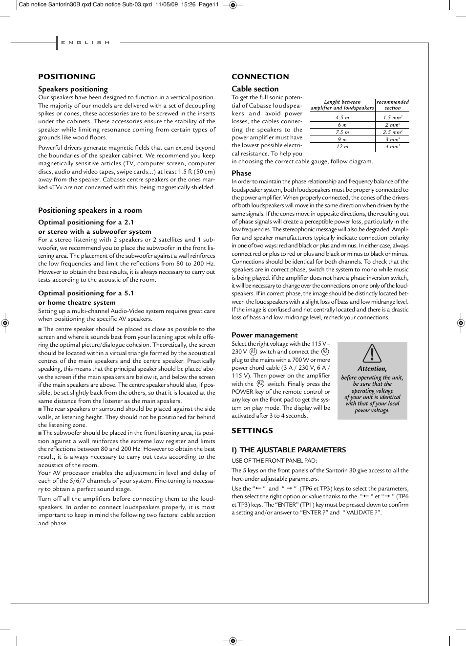 Positioning, Settings, Speakers positioning | Positioning speakers in a room, Phase, Power management, I) the ajustable parameters | Cabasse SANTORIN 30 User Manual | Page 11 / 20