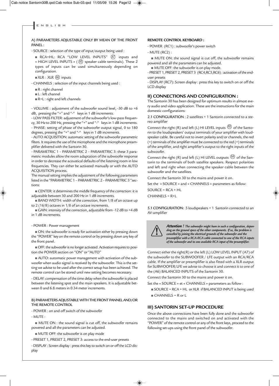 Ii) connections and configuration, Iii) santorin set-up procedure | Cabasse SANTORIN 30 User Manual | Page 12 / 20