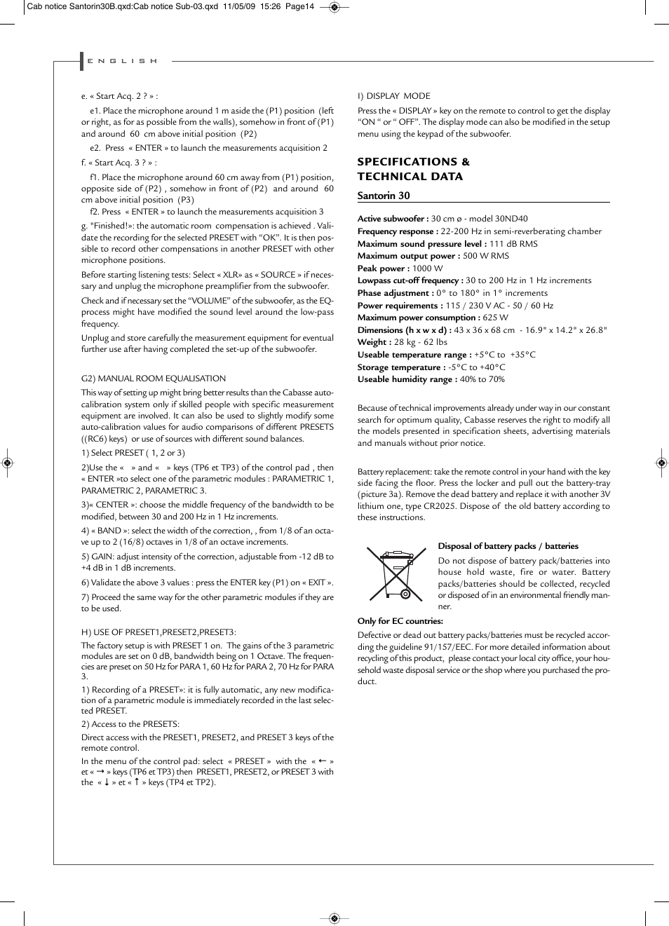 Specifications & technical data | Cabasse SANTORIN 30 User Manual | Page 14 / 20