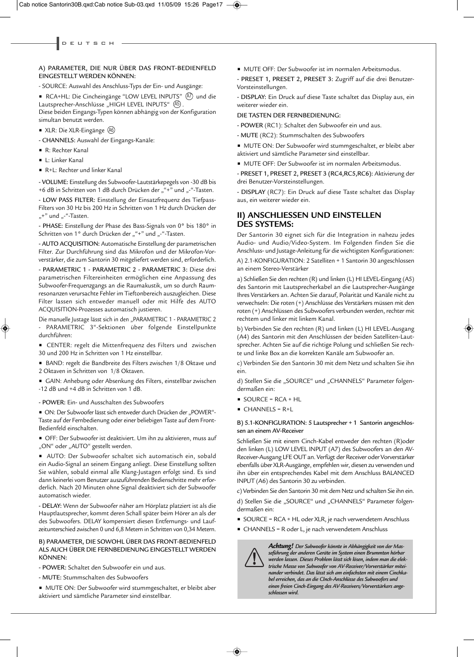 Ii) anschliessen und einstellen des systems | Cabasse SANTORIN 30 User Manual | Page 17 / 20