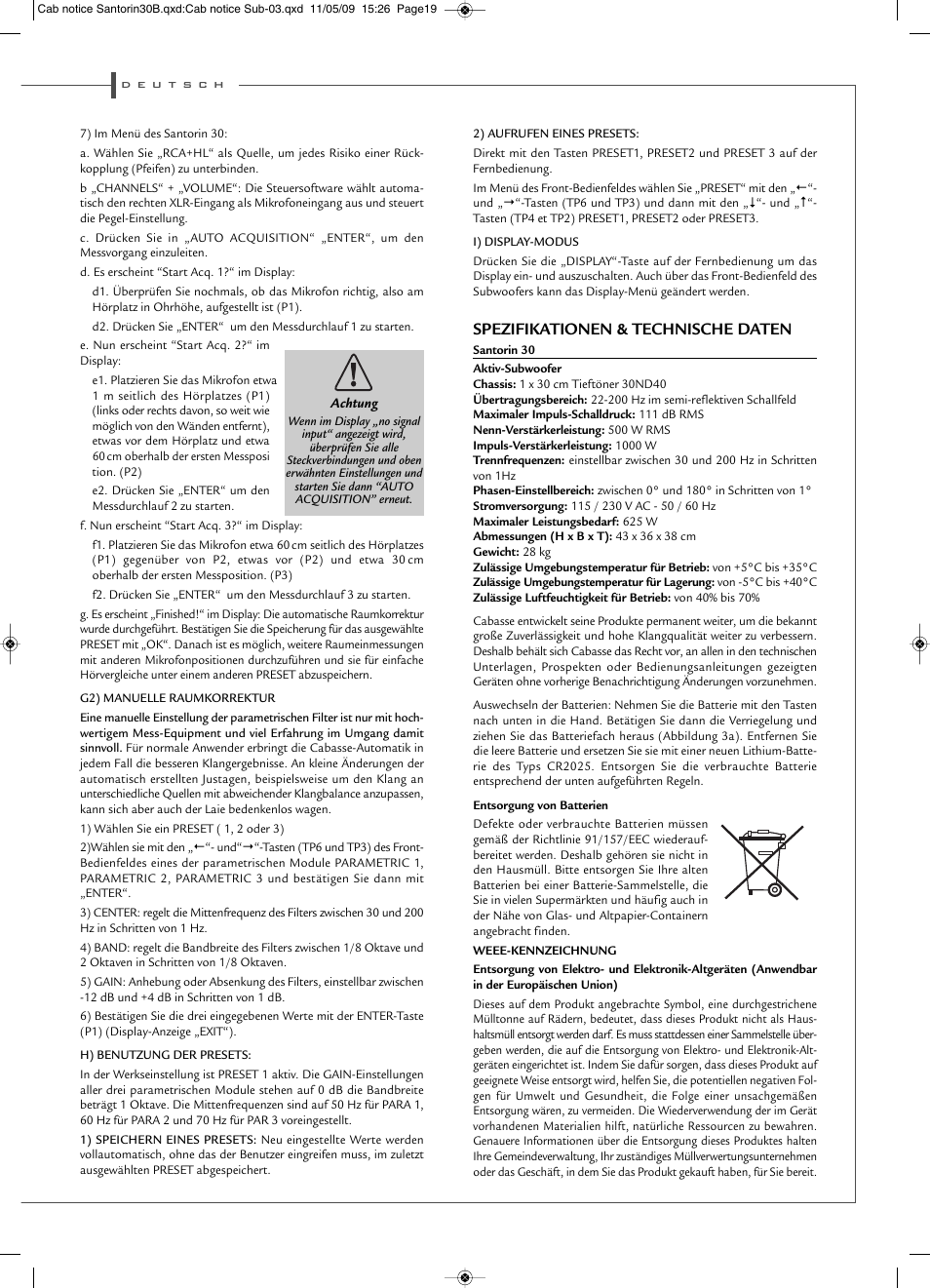 Spezifikationen & technische daten | Cabasse SANTORIN 30 User Manual | Page 19 / 20