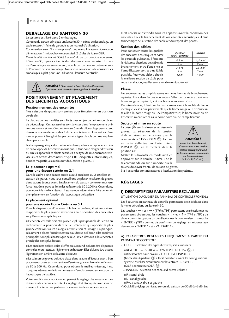 Deball age du santorin 30, Régl ages, Positionnement des enceintes | Phase, Secteur et mise en route, I) descriptif des parametres reglables | Cabasse SANTORIN 30 User Manual | Page 6 / 20