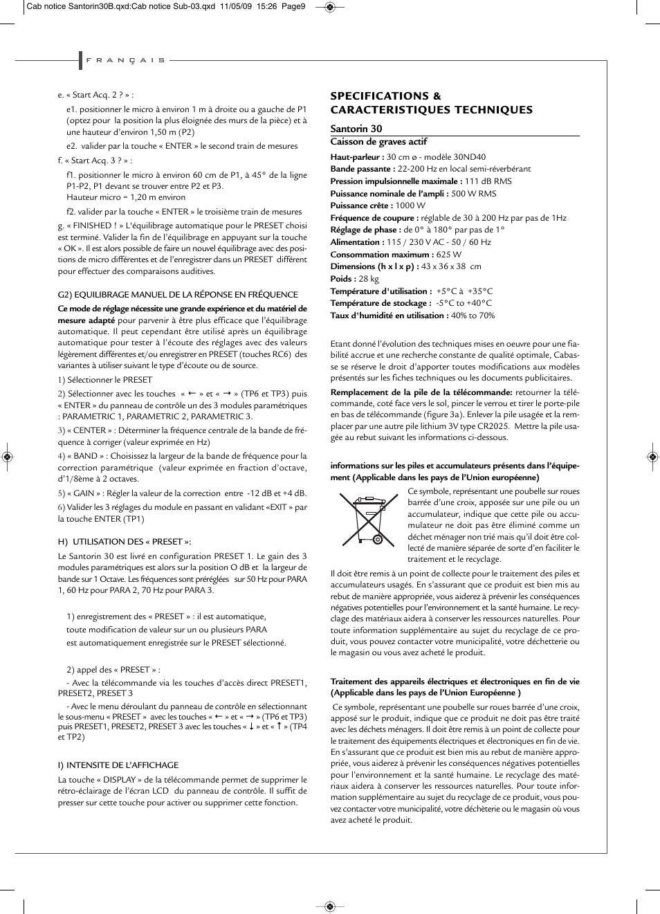 Specifications & caracteristiques techniques | Cabasse SANTORIN 30 User Manual | Page 9 / 20
