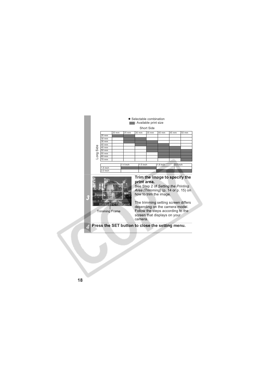 Trim the image to specify the print area, Press the set button to close the setting menu | Canon CDI-M157 User Manual | Page 20 / 54