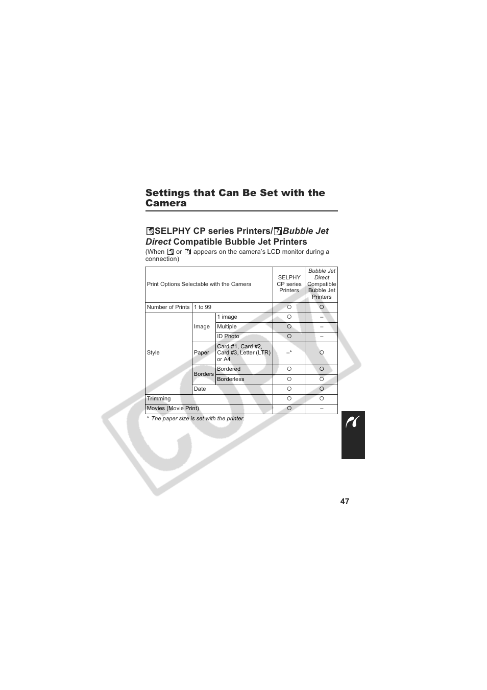 Settings that can be set with the camera | Canon CDI-M157 User Manual | Page 49 / 54