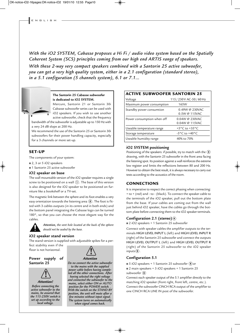 Set-up, Connections, Active subwoofer santorin 25 | Cabasse iO2 User Manual | Page 10 / 16