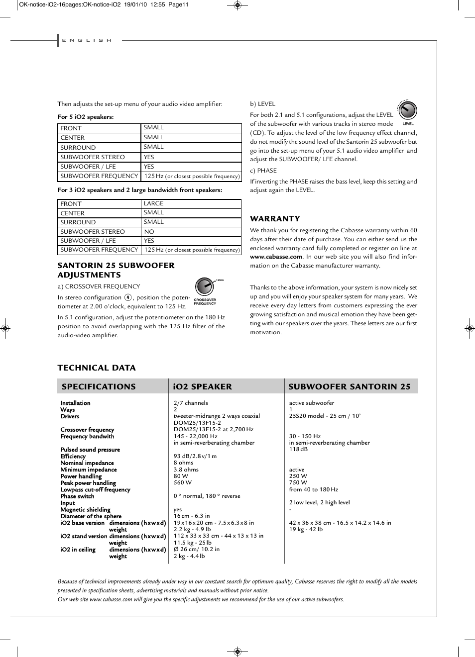 Santorin 25 subwoofer adjustments, Warrant y | Cabasse iO2 User Manual | Page 11 / 16