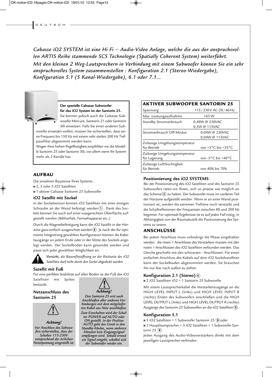 Aufbau, Anschlüsse, Aktiver subwoofer santorin 25 | Cabasse iO2 User Manual | Page 13 / 16